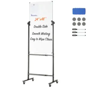 VEVOR Rolling Magnetic Whiteboard, Double-sided Mobile Whiteboard 24x48 Inches, Adjustable Height Dry Erase Board with Wheels, 1 Magnetic Erase & 3 Dry Erase Markers & Movable Tray for Office School