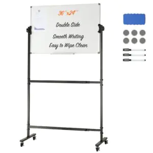 VEVOR Rolling Magnetic Whiteboard, Double-sided Mobile Whiteboard 36x24 Inches, Adjustable Height Dry Erase Board with Wheels, 1 Magnetic Erase & 3 Dry Erase Markers & Movable Tray Office, School