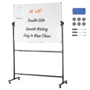 VEVOR Rolling Magnetic Whiteboard, Double-sided Mobile Whiteboard 48x36 Inches, Adjustable Height Dry Erase Board with Wheels, 1 Magnetic Erase & 3 Dry Erase Markers & Movable Tray for Office School