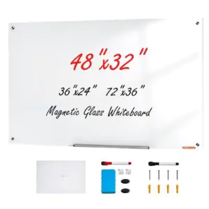 VEVOR GB-3248-MW Magnetic Glass Whiteboard, Dry Erase Board 48"x32", Wall-Mounted Large White Glassboard Frameless, with Marker Tray, an Eraser and 2 Markers, White