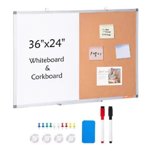 VEVOR A015-2436CW 36"x 24" Whiteboard & Cork Board Combo with Aluminum Frame – 2-in-1 Magnetic Dry Erase Bulletin Board for Wall Mount – Ideal for School, Home, Office