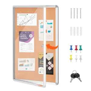 VEVOR CCB-2436 36"x24" Enclosed Cork Board with Aluminum Frame – Lockable Bulletin Board with Acrylic Door & 2 Keys – Weather-Resistant Wall Display Case for School, Home, Office