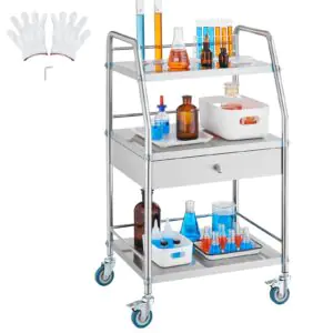 VEVOR K-SUS1002 Lab Rolling Cart Dental Lab Serving Cart 3 Tiers Drawer Stainless Steel